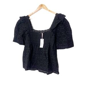 NWT Vineyard‎ Vines Black Eyelet Square Neck Puff Sleeve Babydoll Top